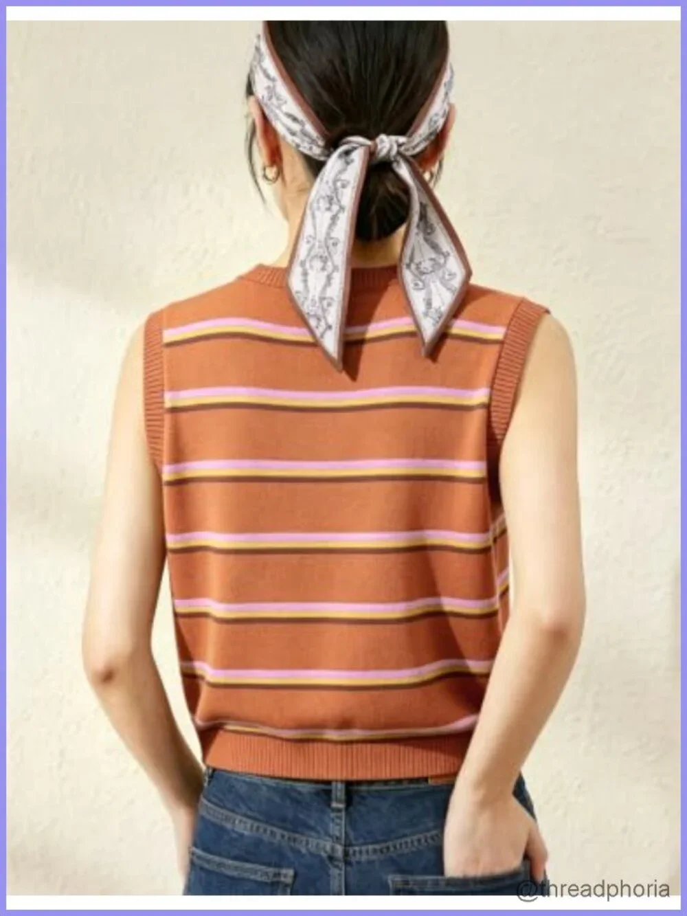 Striped Knit Sleeveless Sweater Vest with Satin Scarf - Polyester Blend,